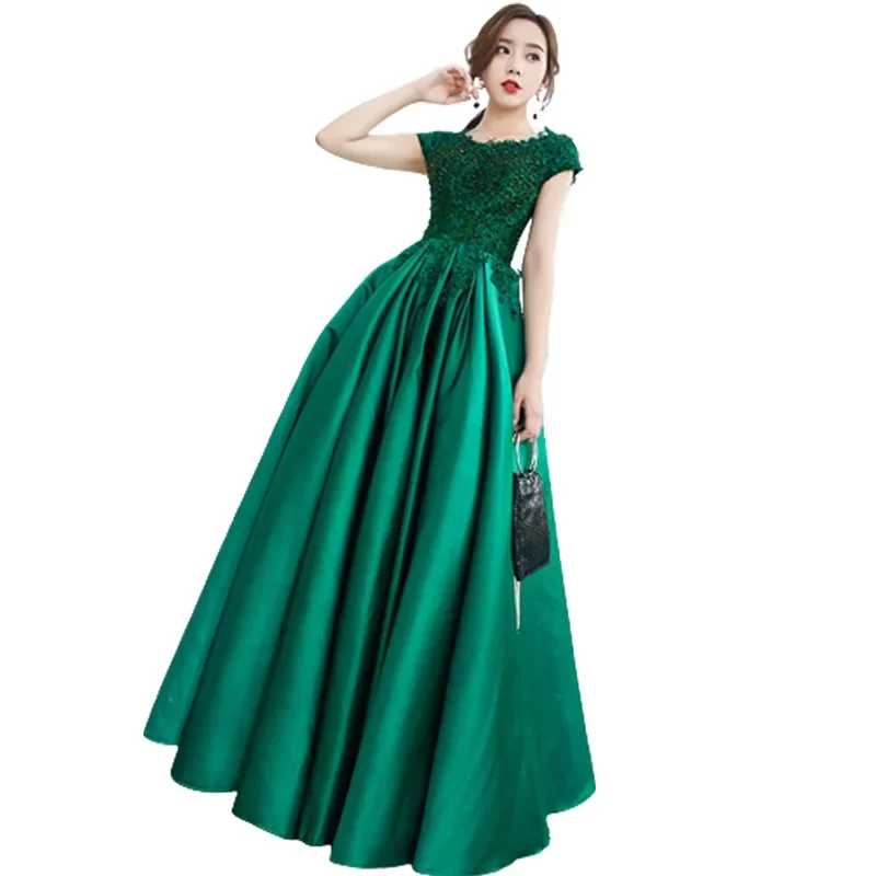 Vestido Madrinha New Scoop Neck Lace Satin Short Sleeve A Line Green Burgundy Muslim Wedding Guest Dress Long Robe Demoisell 1