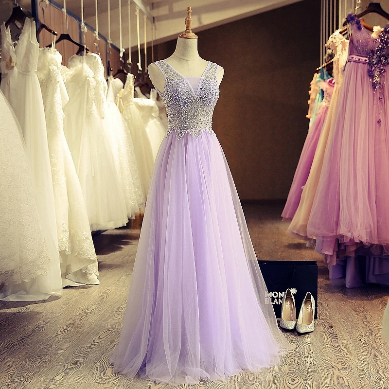 vestidos de damas de honor boda new tulle crystal sexy V neck A Line lilac bridesmaid dress long wedding party gown real photo 1