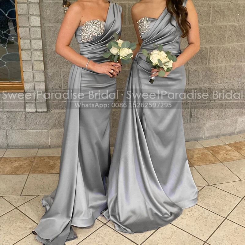 Trumpet Bridesmaid Dresses With Appliques Beaded One Shoulder Satin Pleat Mermaid Long Wedding Party Dress Maid Of Honor 1