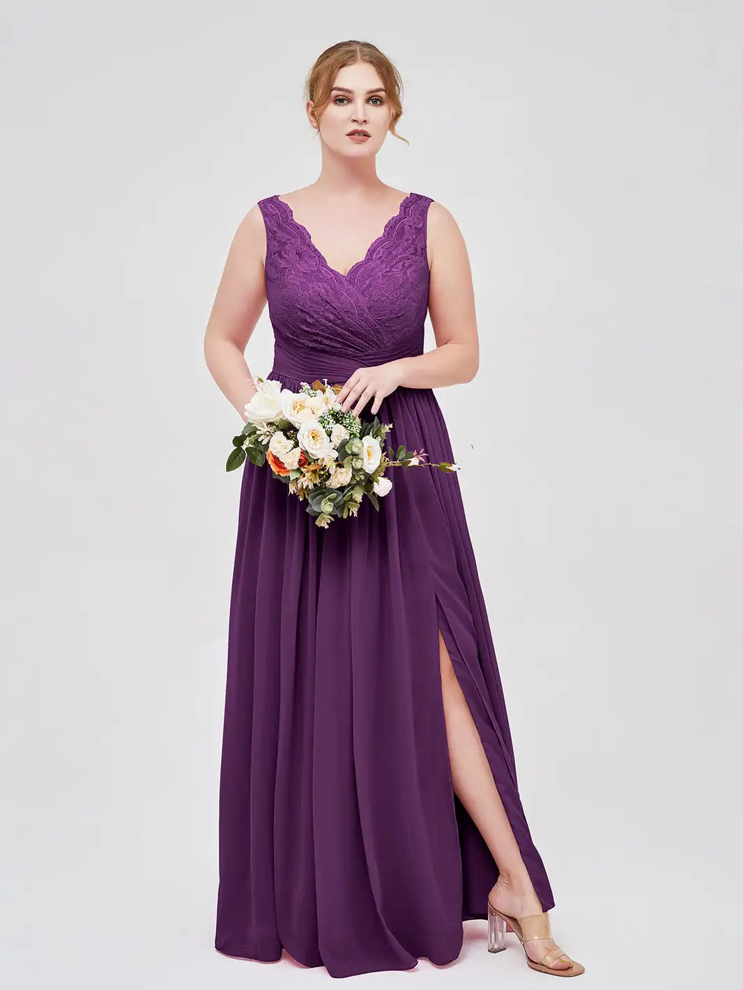 V Neck Chiffon And Lace Bridesmaid Dress With Slit Grape Plus Size Wedding Cocktail Dresses Pleated Evening Gowns Plus Size 1