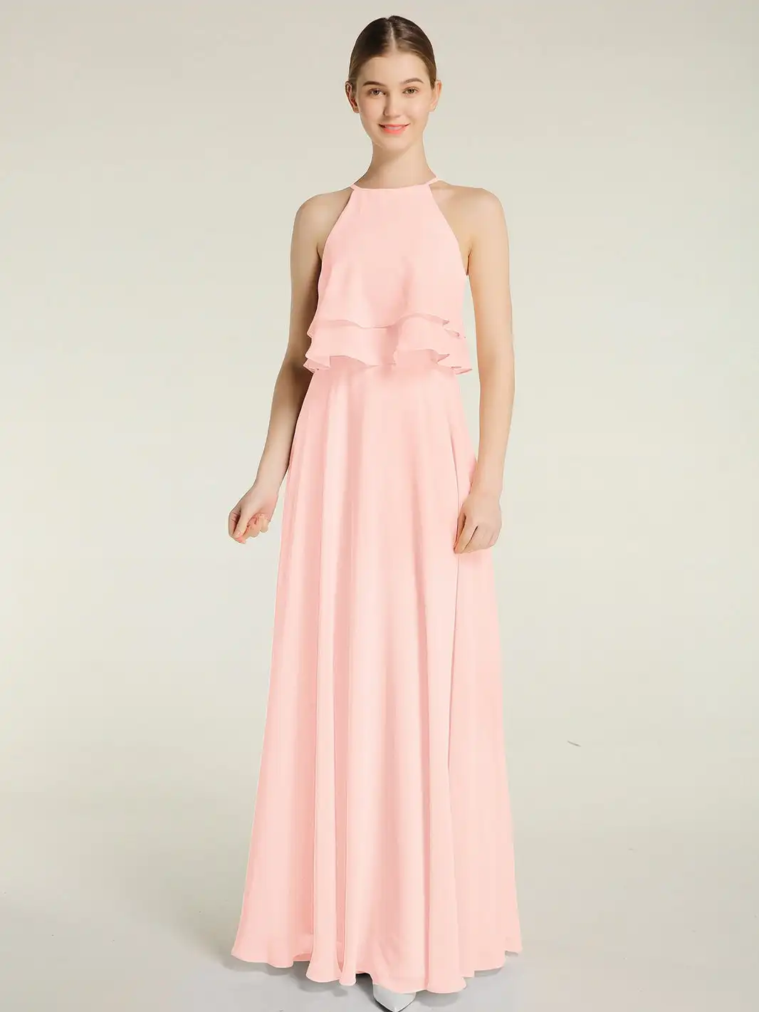 Two Layers Ruffles Bodice Chiffon Bridesmaid Dress A-line Sleeveless Wedding Cocktail Dresses Floor-length Pleated Evening Gowns 1