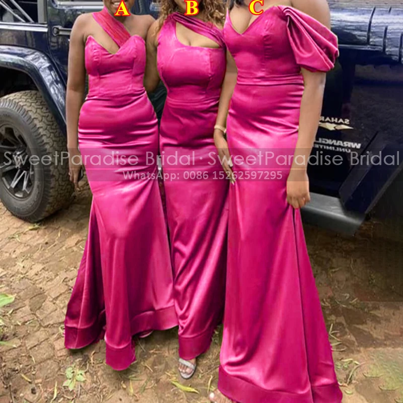 Trumpet Long Bridesmaid Dresses One Shoulder Mermaid Hot Pink Satin Sleeveless Party Dress Wedding Guest For Women 1