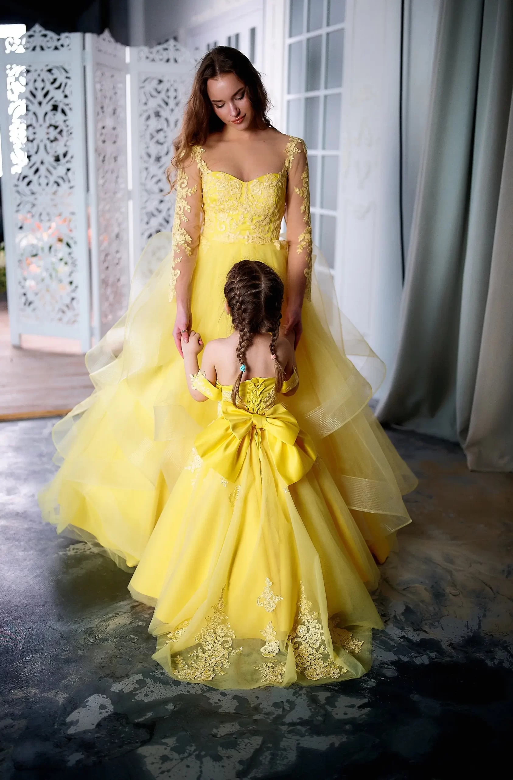 Yellow Mother Daughter Matching Dress Tulle Lace Flower Girl Dress For Wedding Kids Birthday Party First Communion Gowns 1