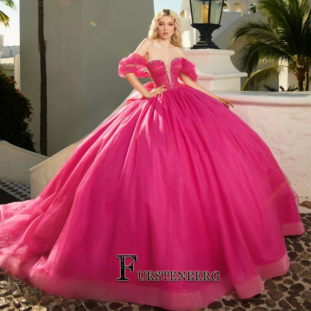 FURSTENBERG Attractive V Neck Quinceanera for 15 Anos Corset Off the Shoulder Crystals Ball Gown Chapel Train Quinceanera Party 1