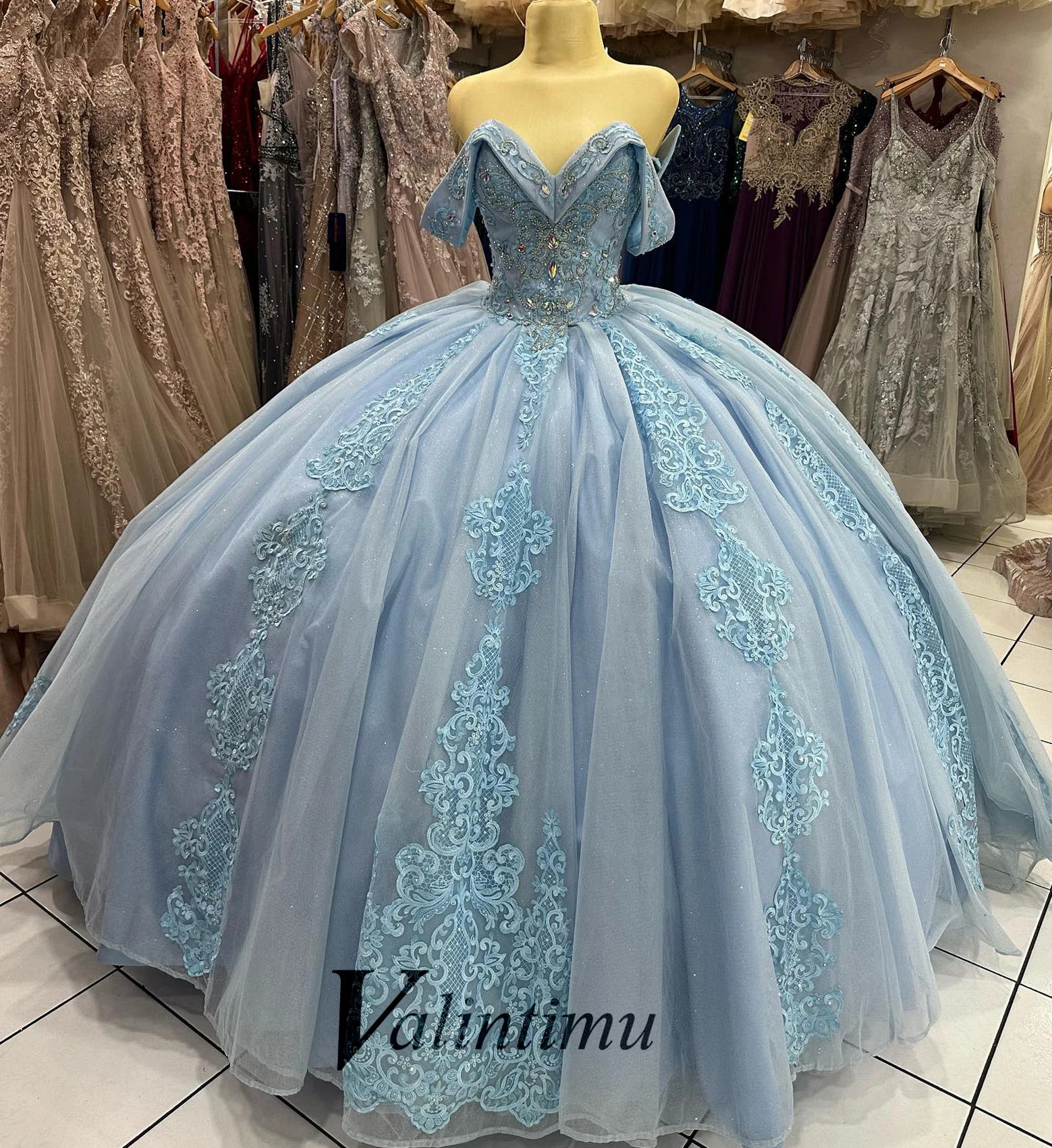 Valintimu Trendy V Neck Quinceanera Dress for 15 Anos Floor Length Off Shoulder Lace up Crystals Graduation Party Made to Order 1