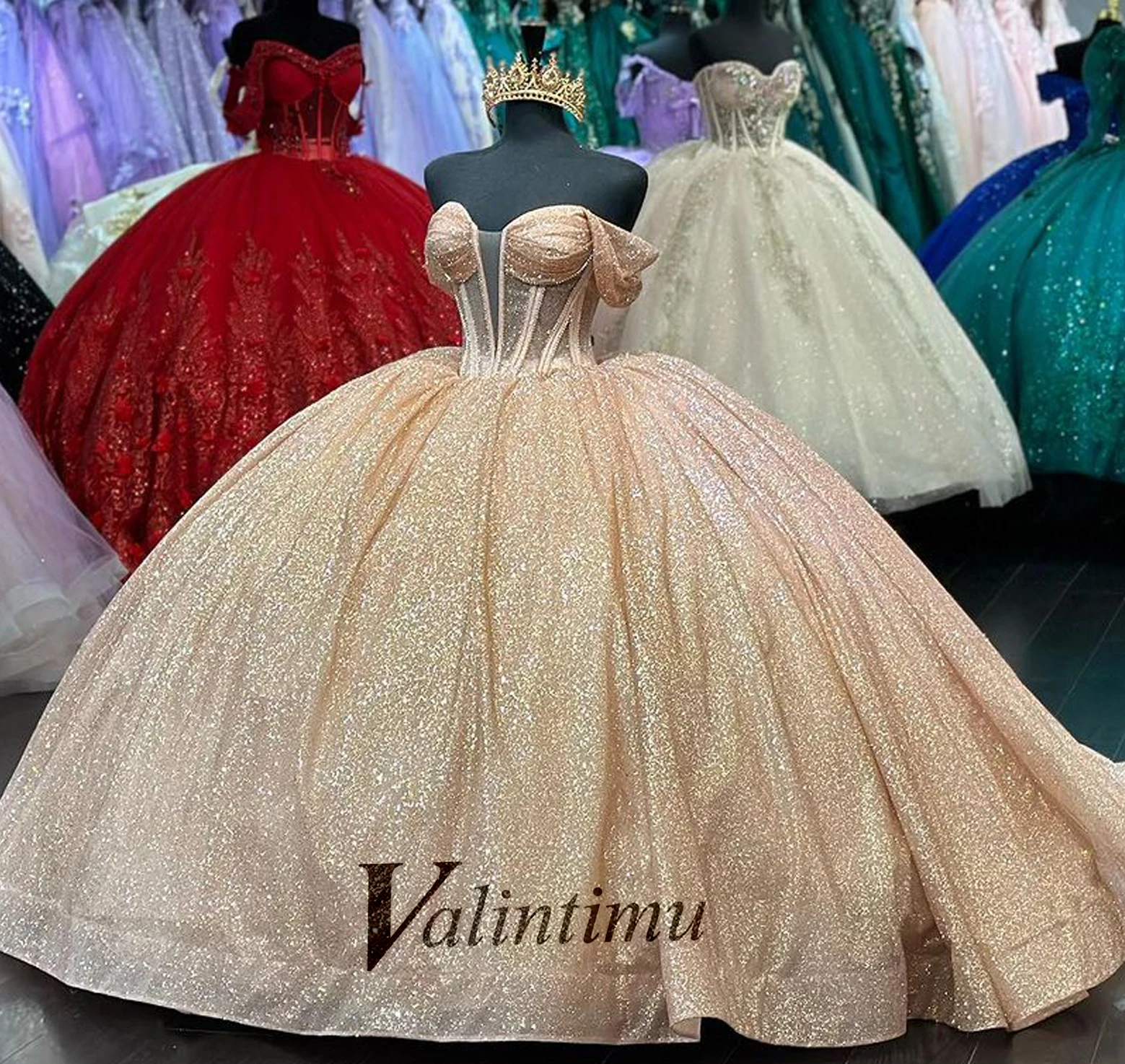 Valintimu Attractive V Neck Quinceanera Dress for 15 Anos Off the Shoulder Lacing up Robes De Soirée Formal Prom Personalised 1