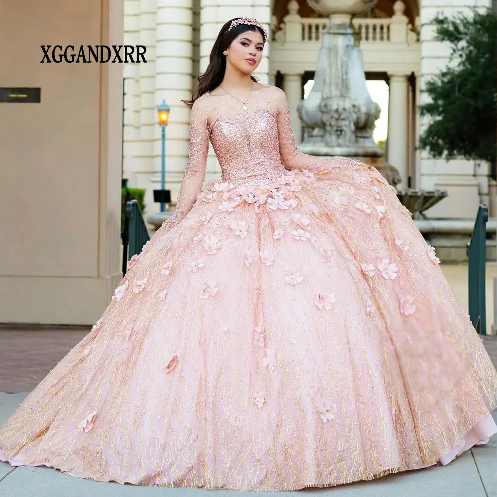 Vestidos De 15 Quinceañeras 2024 Long Sleeves Rose Gold Ball Gown Quinceanera Dresses Sweet 16 Dress 3D Flowers XV Party Dress 1