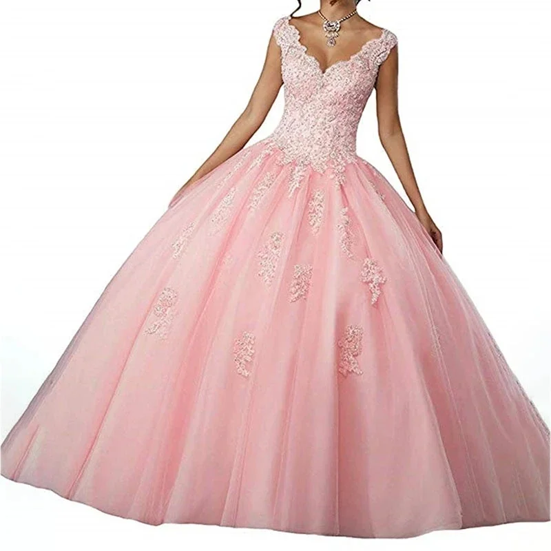 V Neck Pink Princess Quinceanera Dresses Girl's Sweet 15 16 Ball Gown Lace Tulle Prom Birthday Party Gowns vestidos de fiesta 1