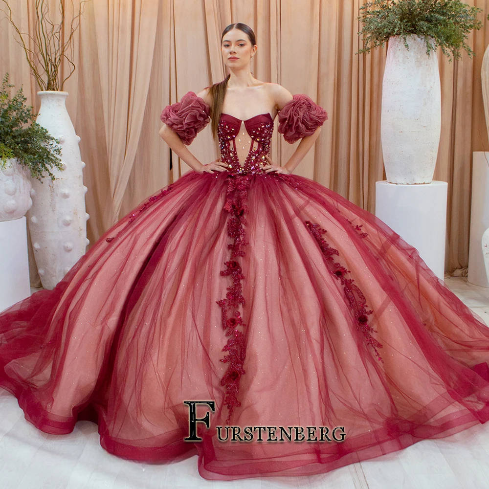 FURSTENBERG Charming Sweetheart Quinceanera Dress Lantern Sleeves Lace Appliques Crystals Ball Gown Court Train Beach Party 1