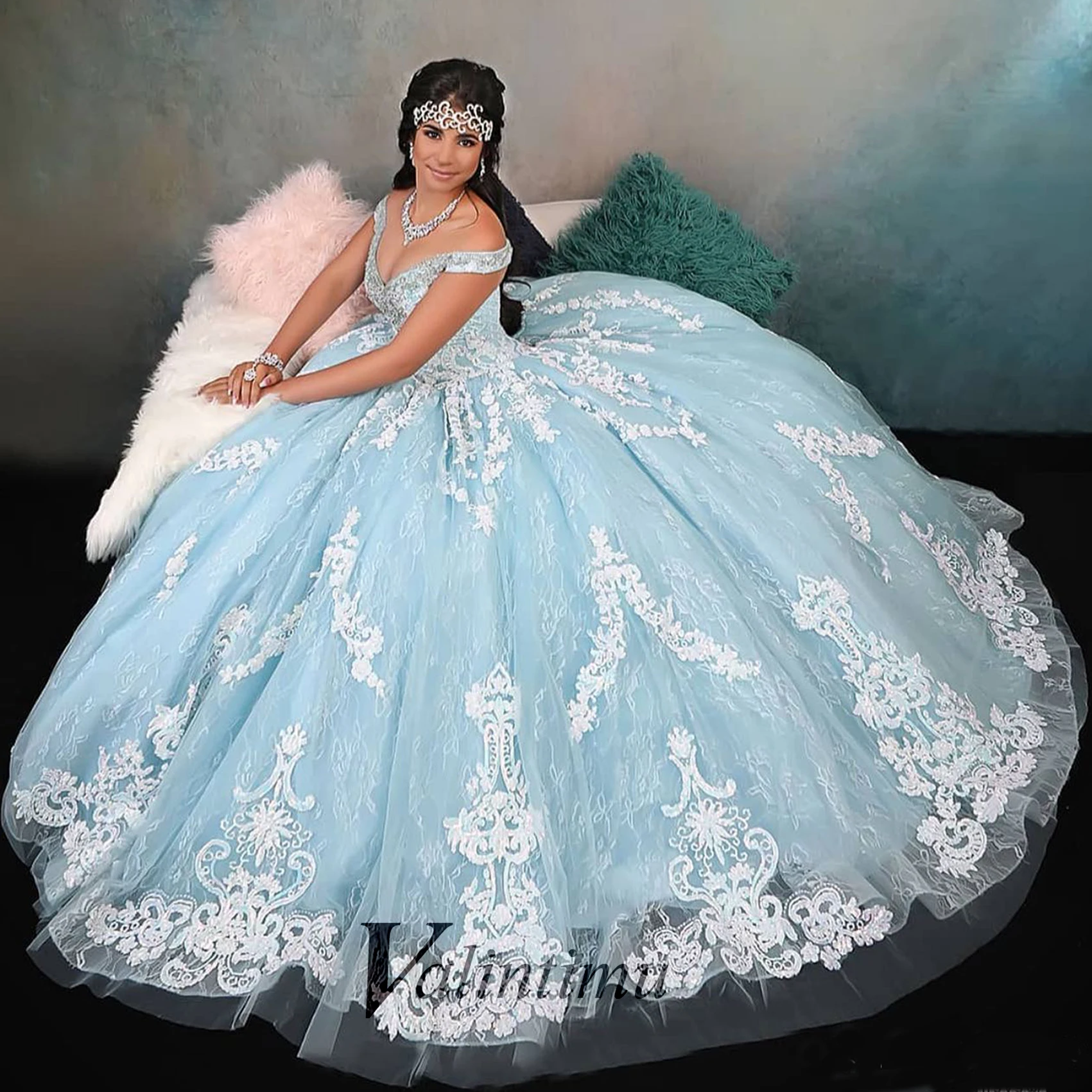 Valintimu Trendy Sweetheart Quinceanera Dress Lace Appliques Off the Shoulder Lace up Floor Length Formal Evening Custom Made 1