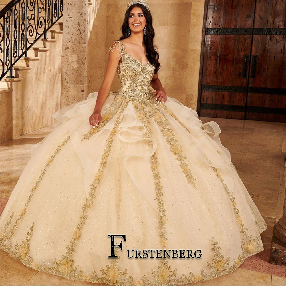 FURSTENBERG Bling Sweetheart Quinceanera Dress Spaghetti Straps Crystals Lace up Lace Appliques Tulle Ball Gown Formal Evening 1