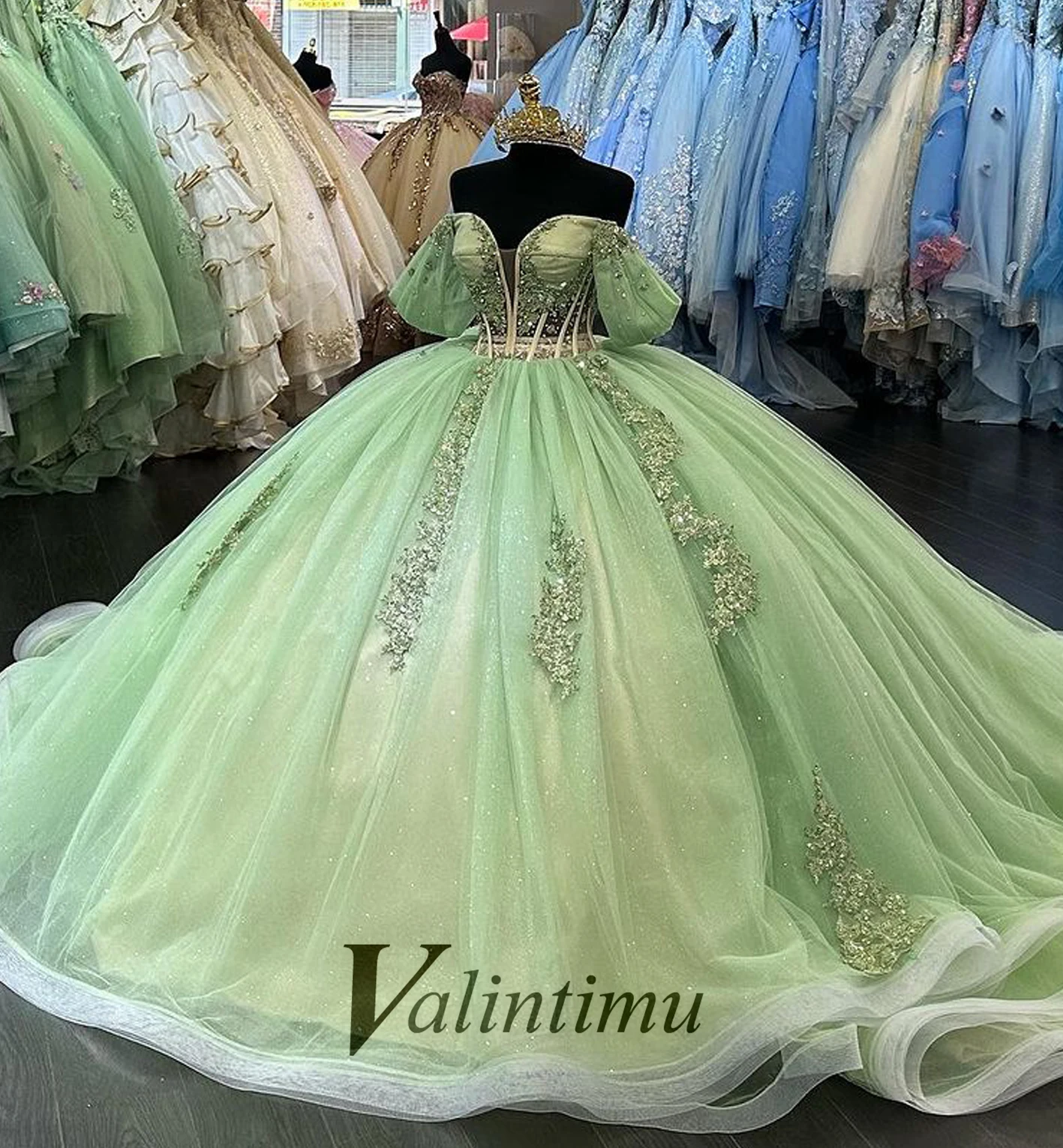 Valintimu Fairytale V Neck Quinceanera Dress for Girls Lacing up Beads Off the Shoulder Chapel Train Formal Prom Customised 1