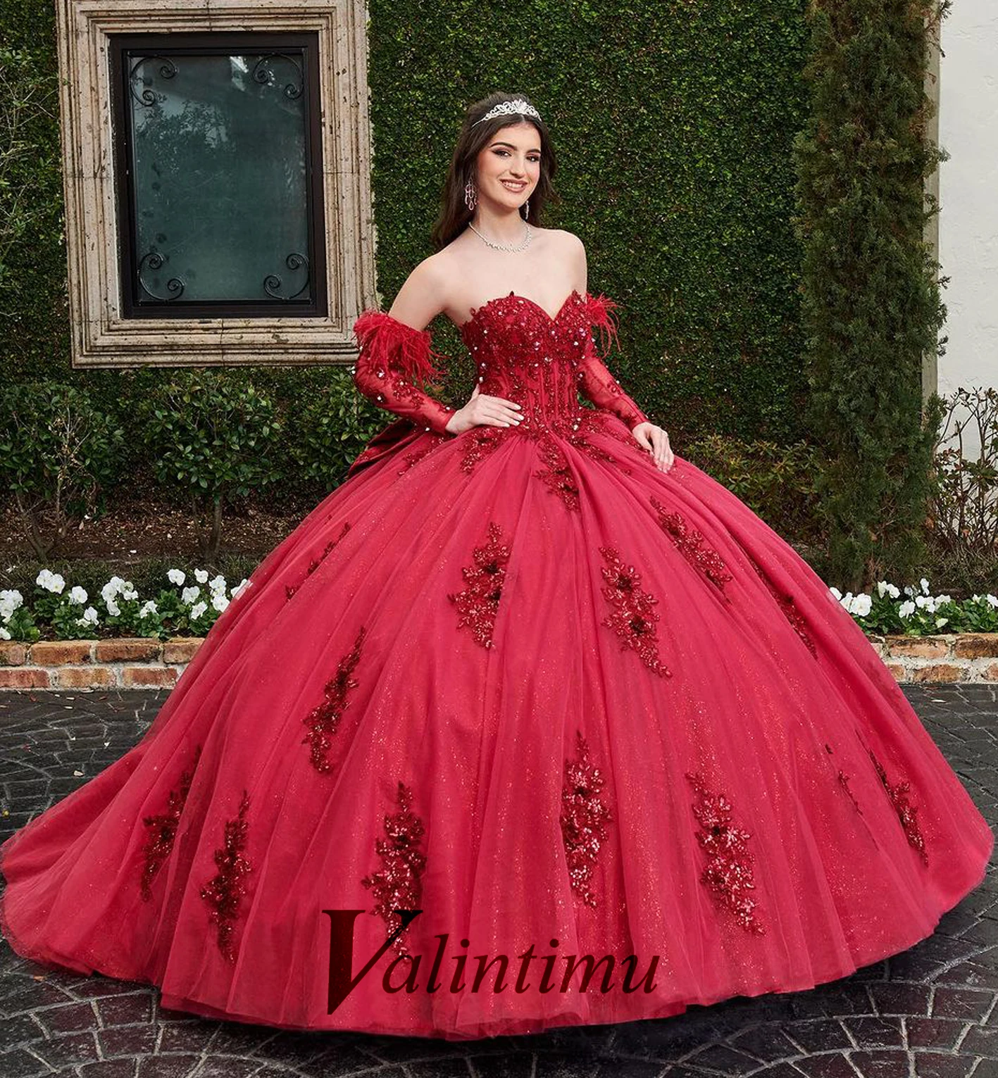 Valintimu Glamorous Strapless Quinceanera Dress Crystals Bowknot Backless Lace Appliques Lace up Birthday Party Personalised 1