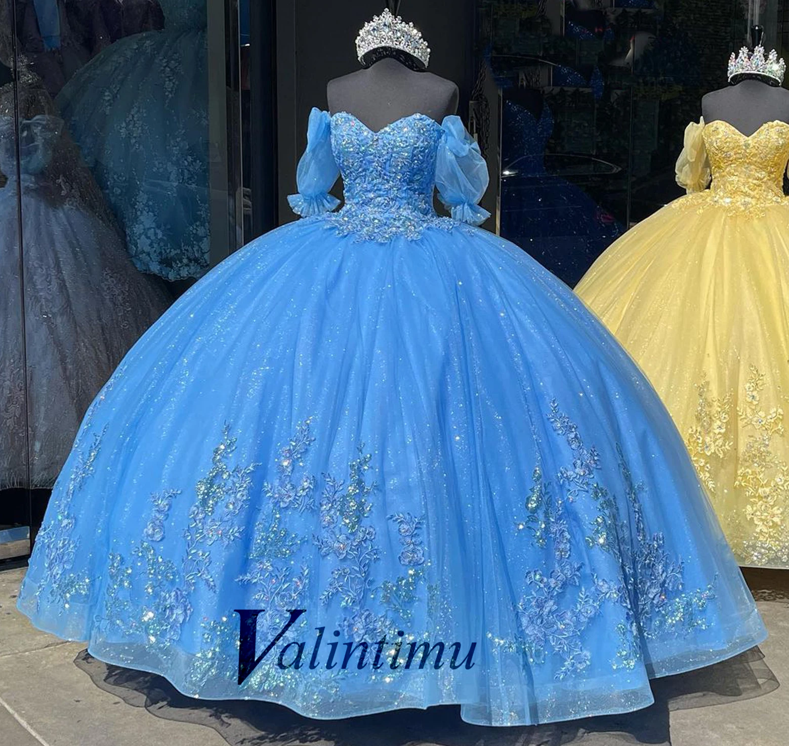 Valintimu Trendy Sweetheart Quinceanera Dress for Girls Three Quarter Lacing up Crystals Longueur du plancher Personalised 1