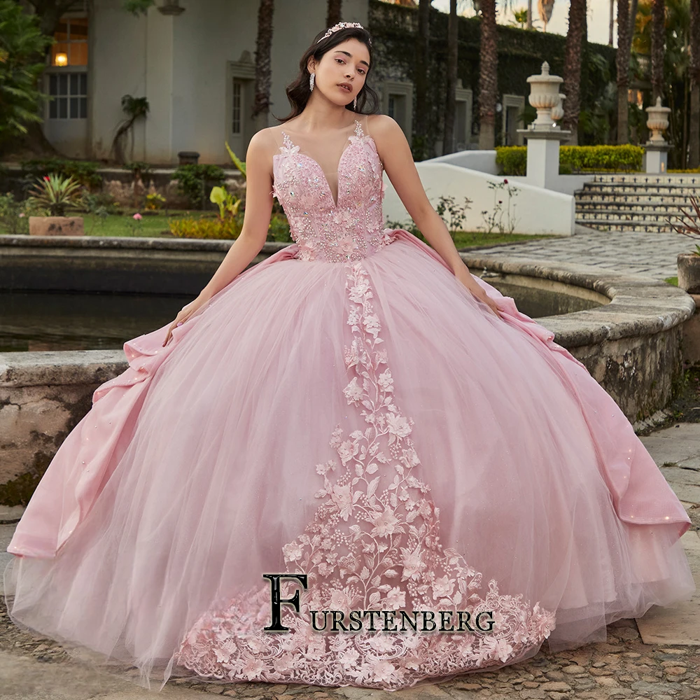 FURSTENBERG Attractive V Neck Quinceanera for 15 Anos Spaghetti Straps Lacing up Lace Appliques Beads Ball Gown Birthday Party 1