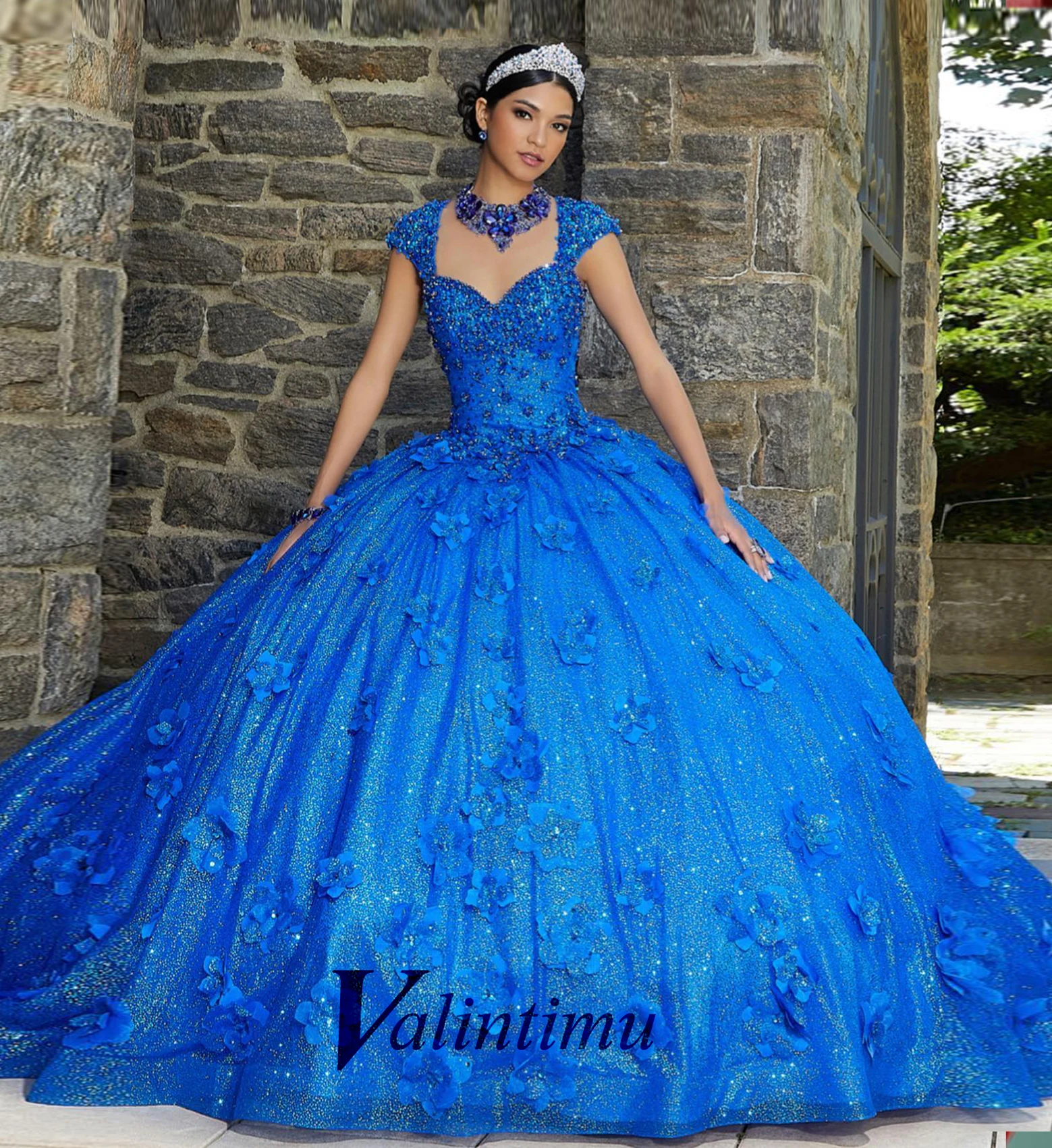 Valintimu Fairytale Sweetheart Quinceanera Dress for Girl with Crystals Cap Sleeves Lace up Lace Appliques Beach Prom Customised 1