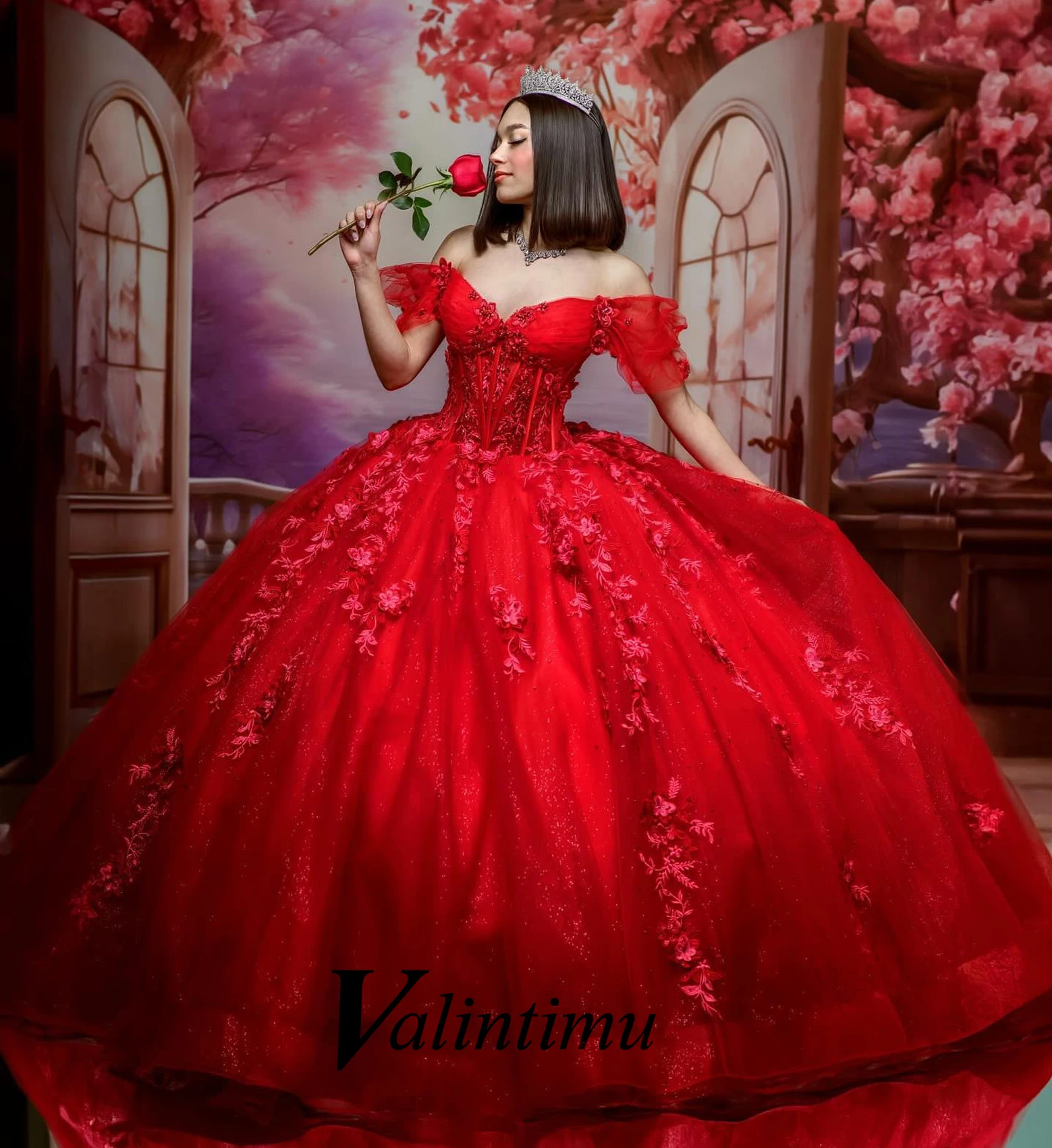 Valintimu Stylish Sweetheart Quinceanera Dress for Girls Lace Appliques Lace up Off Shoulder Quinceanera Party Made to Order 1