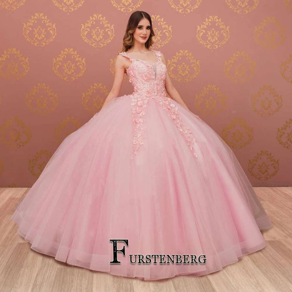 FURSTENBERG Attractive V Neck Quinceanera Dress Lace Appliques Spaghetti Straps Beads Ball Gown Formal Evening Made to Order 1