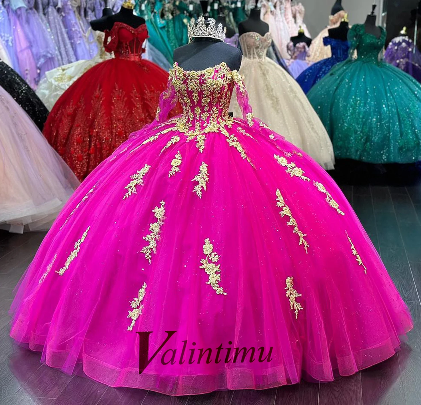 Valintimu Fancy Lace Appliques Quinceanera Dress for Girl Full Sleeves Off the Shoulder Lacing up Quinceanera Party Personalised 1