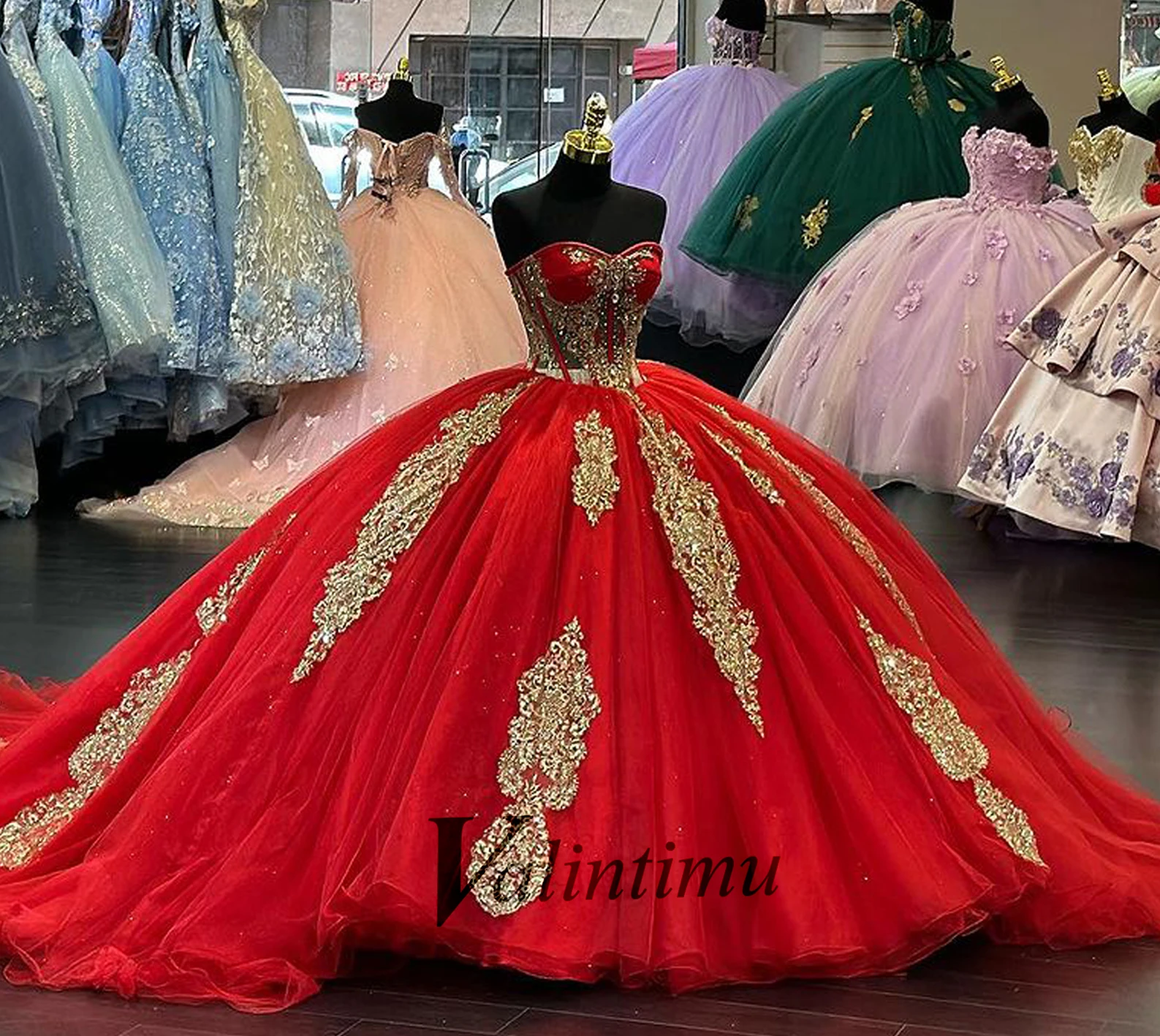 Valintimu Glamorous Strapless Quinceanera Dress with Crystals Sleeveless Lacing up Royal Train Quinceanera Party Personalised 1