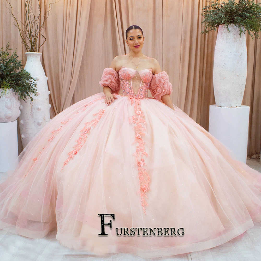 FURSTENBERG Bling Sweetheart Quinceanera Dress Lantern Sleeves Crystals Lace Appliques Corset Tulle Ball Gown Graduation Party 1