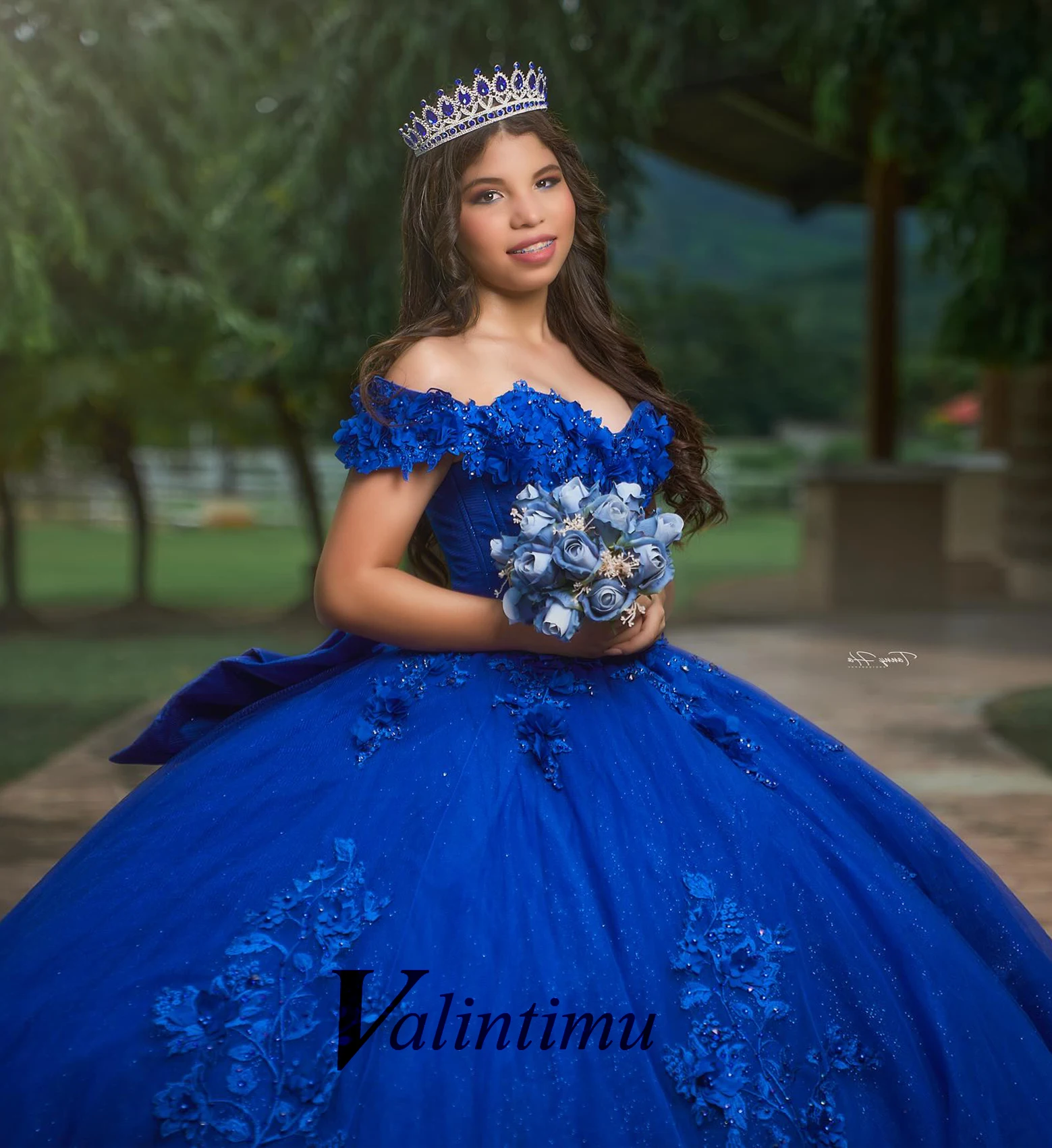 Valintimu Fancy Bowknot Quinceanera Dress for 15 Anos Beads Off the Shoulder Lace up Court Train Graduation Ceremony Custom Made 1