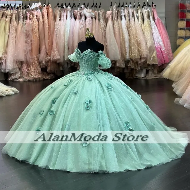 Vestidos De 15 Años 2024 Lace Applique Corset Mint Green Quinceanera Dresses Sequin Off The Shoulder Sweet 16 vestidos de fiesta 1