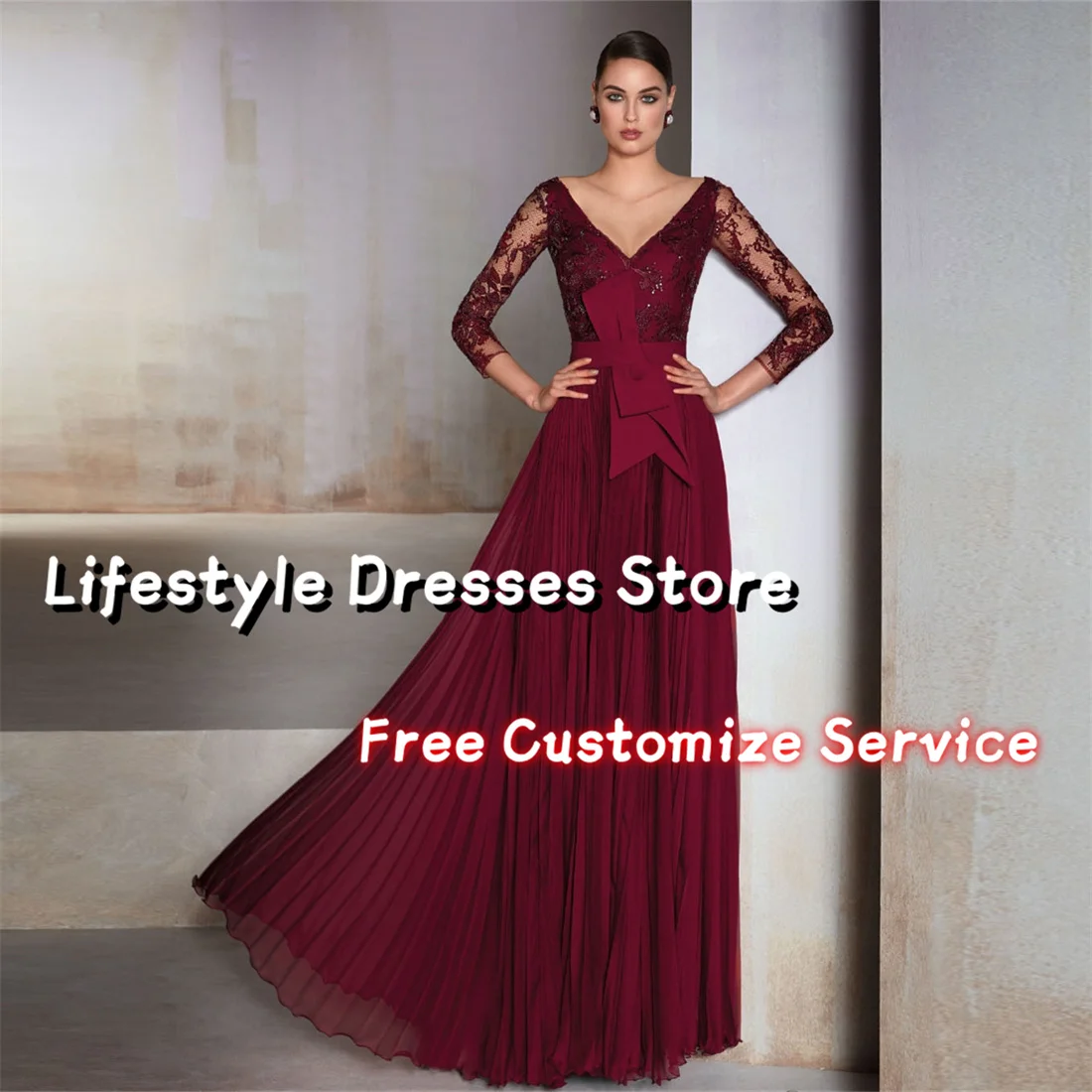 V-Neck Lace Chiffon Evening Dress Pleat A-Line Mother Of The Bride Dresses Wedding Guest Party Gown elegantes 2024 juveniles 1