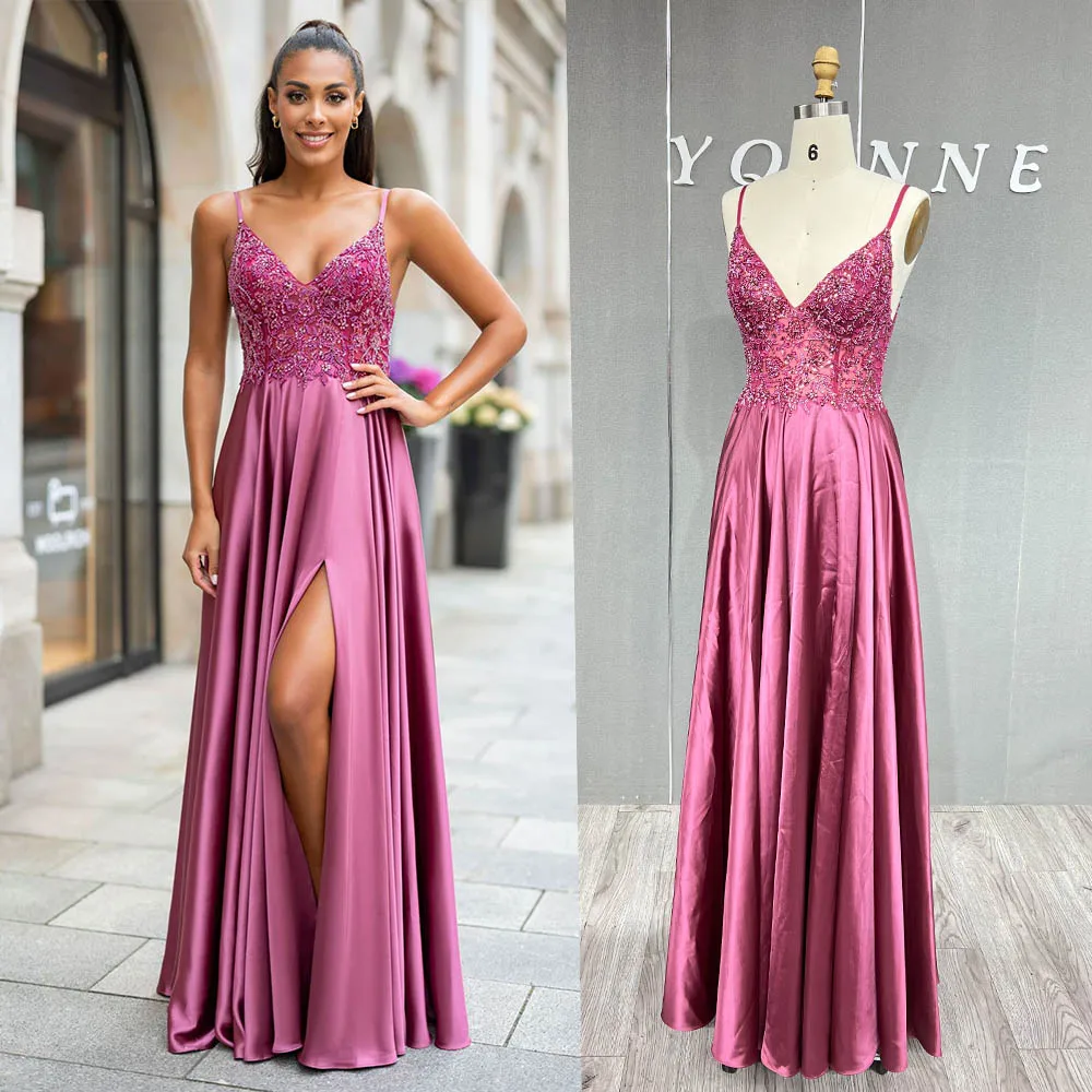 YQLNNE Sexy Deep V Neck Purple Crystals Prom Dresses Long Slit Beaded Silk Satin Evening Party Gown Elegant 1