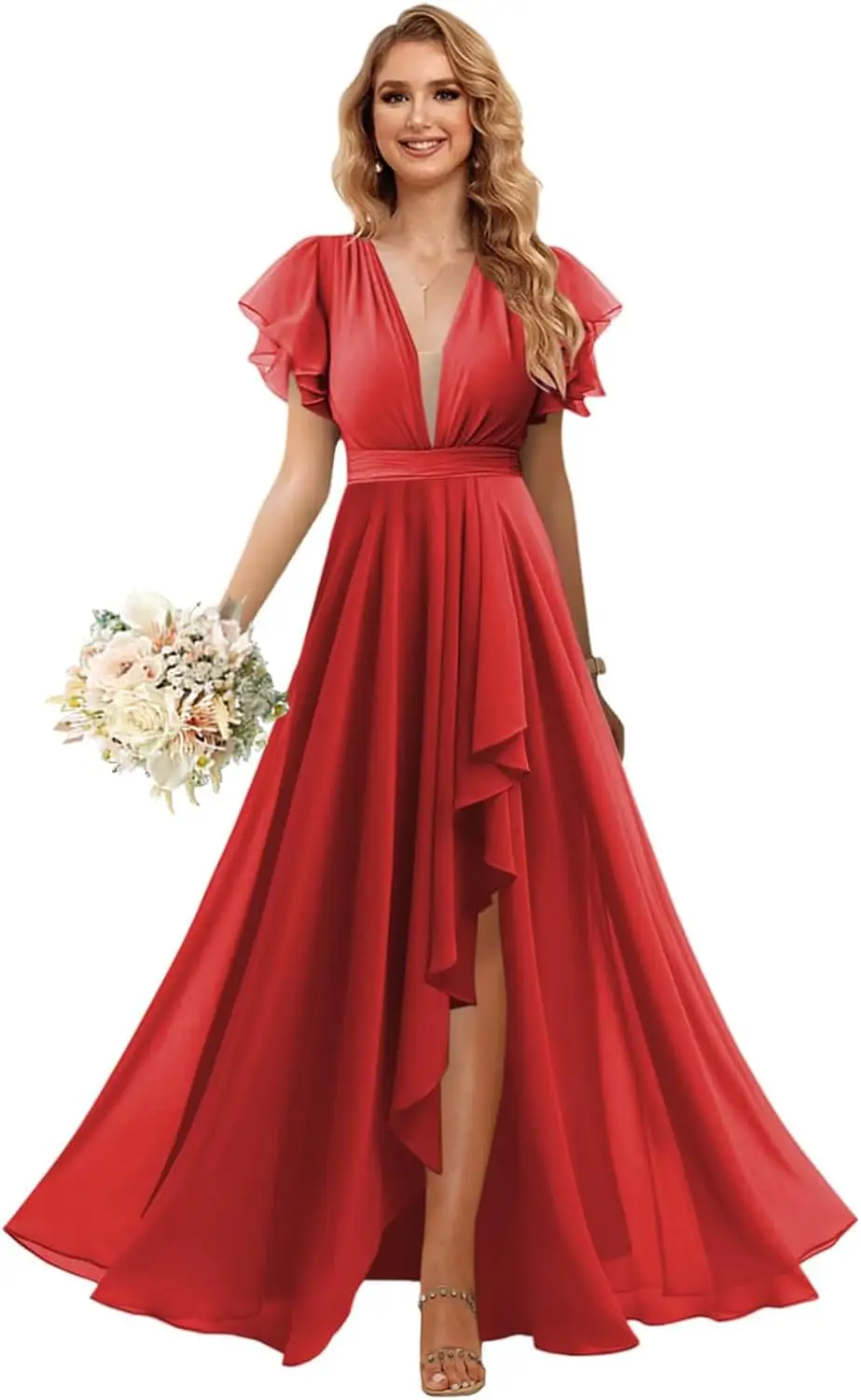 V Neck Bridesmaid Dresses with Slit Ruffle Sleeves Chiffon Formal Evening Gowns with Pockets wedding dress 1