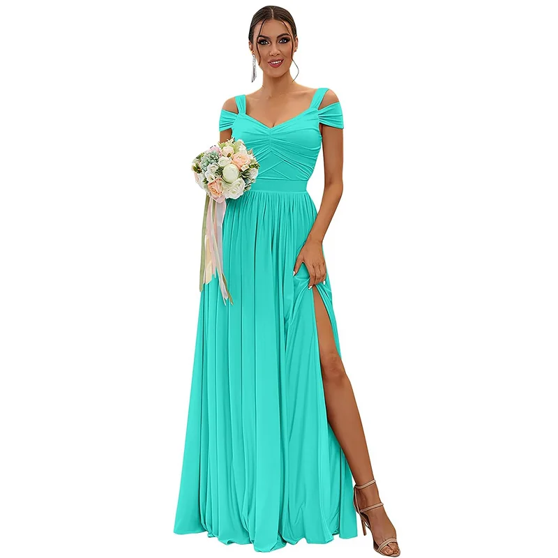 Turquoise Wedding Party Dress Chiffon V Neck Off Shoulder Bridesmaid Pleated Long Formal Evening Gown Abito Da Festa Di Noble 1