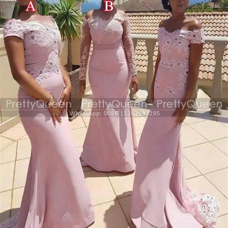 Trumpet Bridesmaid Dresses With Long Sleeves Mermaid Light Pink Appliques Off Shoulder Plus Size Women Wedding Party Dress 1