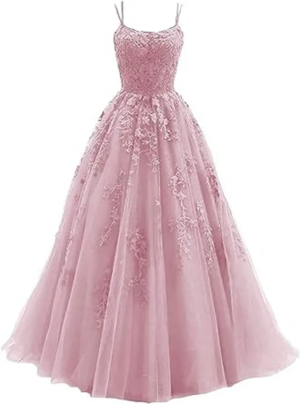 Tulle Spaghetti Straps Prom Dresses Long Lace Appliques Ball Gowns for Women Quinceanera Dresses 1