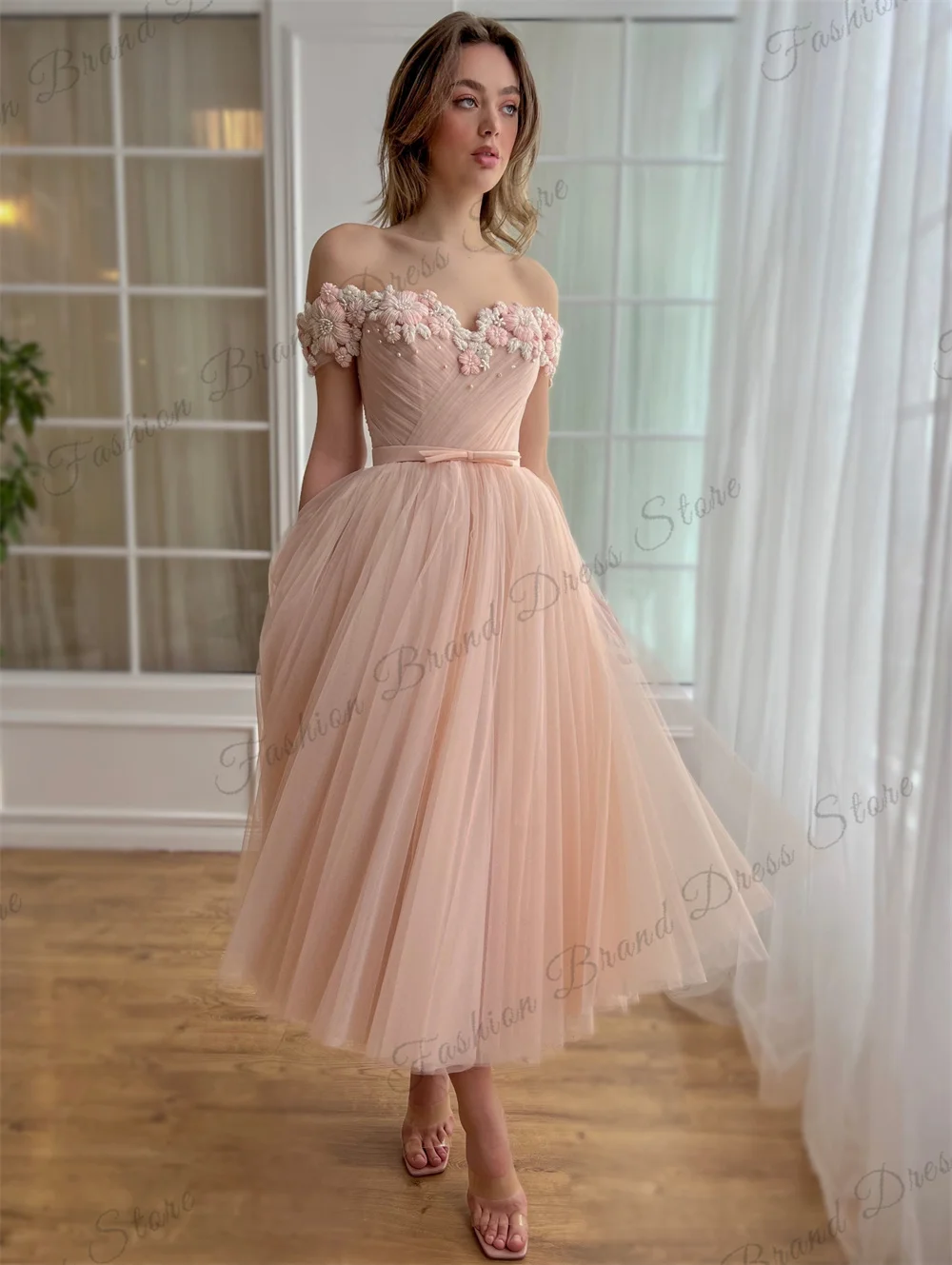 Tulle Off-the-shoulder Sweetheart 3D Flower Cocktail Dresses Corset Lace Appliques Homecoming Gowns A-Line Tea-length Prom Gowns 1