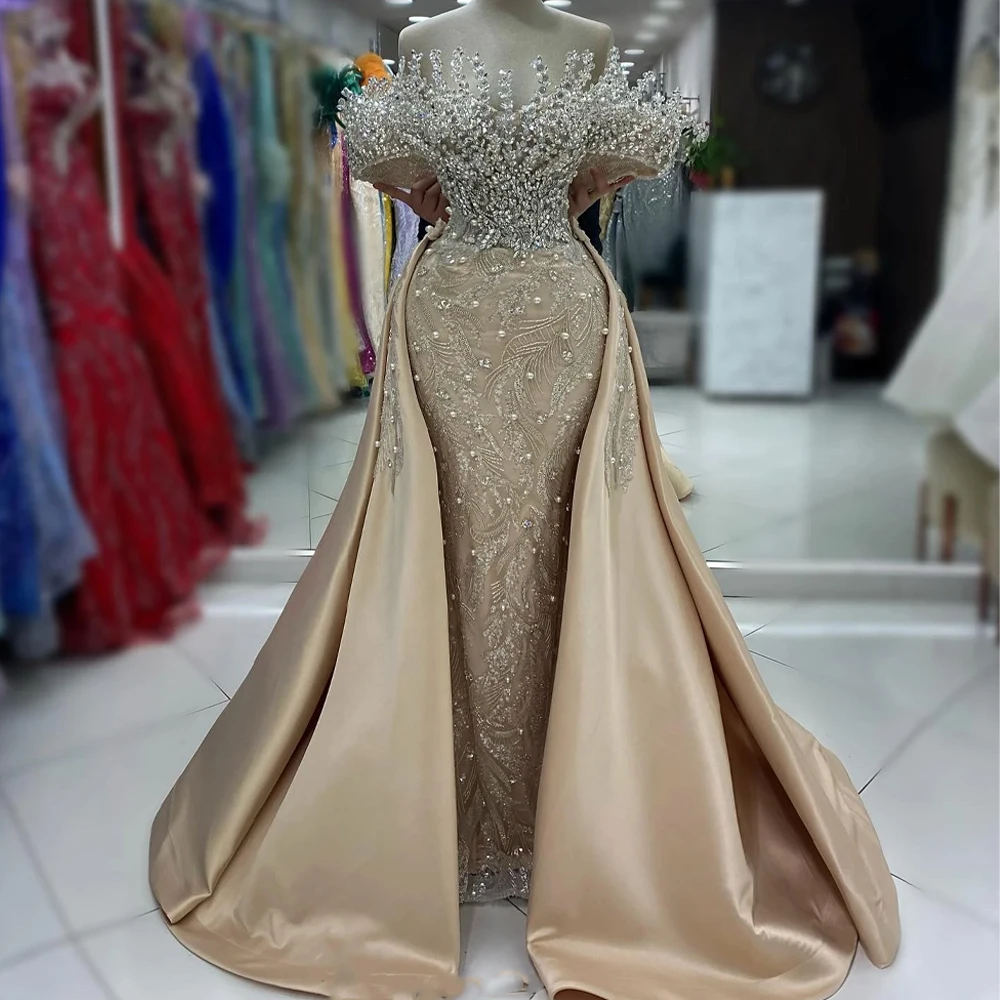 Two Pieces Champagne Celebrity Dresses With Detachable Train Off Shoulder Crystals Evening Dresses Exquisite High quality Formal 1