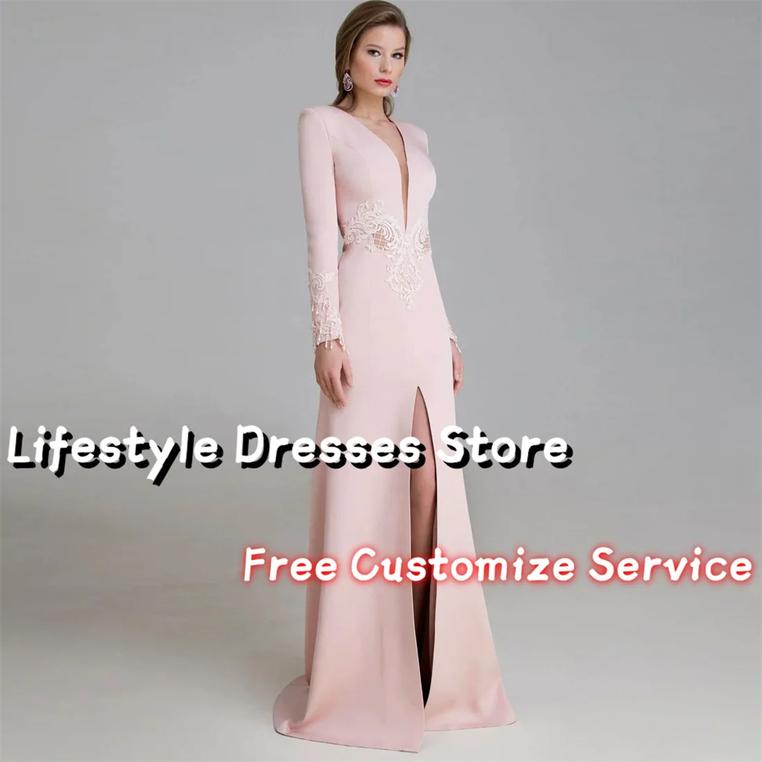 V-neck Beads Long Sleeves Elegant Prom Gown Appliques Front Slit Mother Of The Bride Dress 2024 vestidos para eventos especiales 1