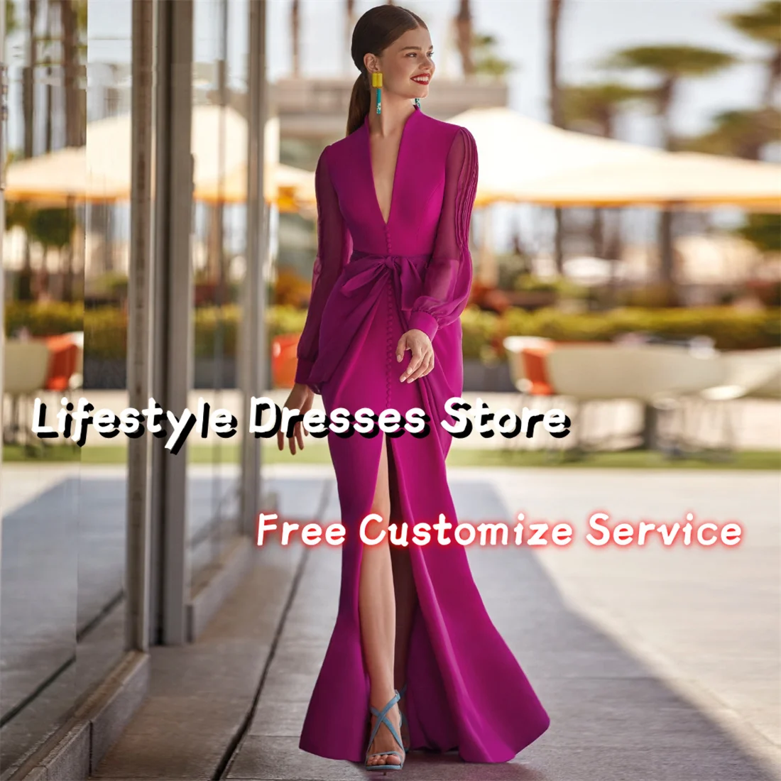 V-Neck Puff Long Sleeve Evening Dress Front Slit Mother Of The Bride Dresses Wedding Guest Party Gown elegantes 2024 juveniles 1