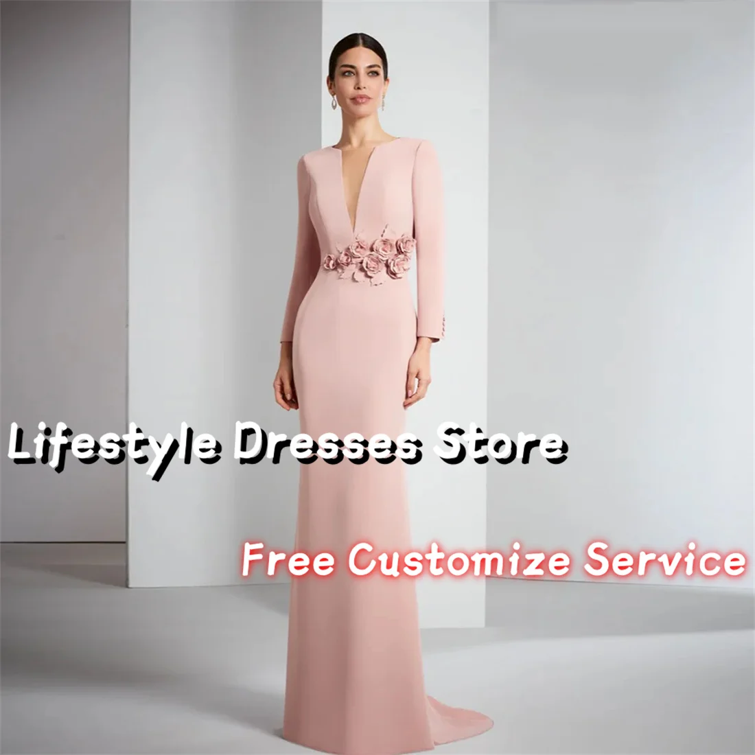 V-neck Long Sleeves Flower Leaf Elegant Prom Gown Mother Of The Bride Dress 2024 Mermaid vestidos para eventos especiales 1