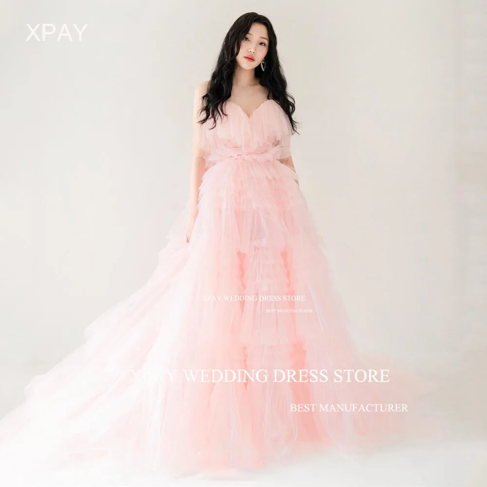 XPAY Sweetheart Peach Pink Korea Evening Dresses Sleeveless Ruffles Layered Formal Gown Photo Shoot Backless Custom Party Dress 1