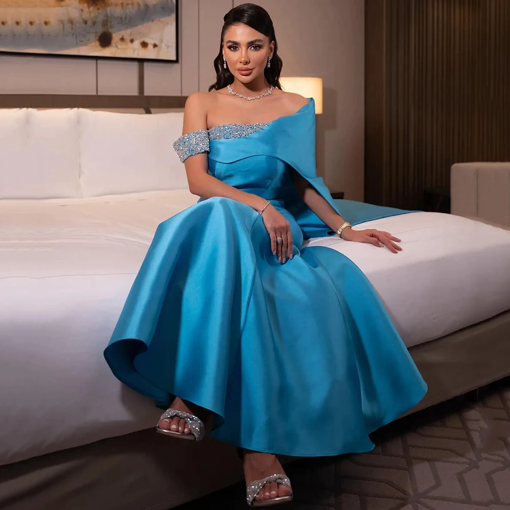 Yipeisha 2024 Mermaid Blue Prom Dress Off the Shoulder Beading With Sweep Train Floor Length Customize Formal Party Evening Gown 1