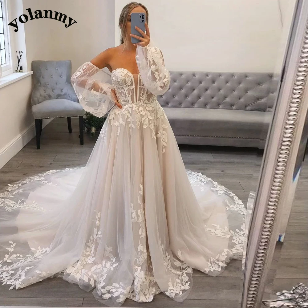 YOLANMY Glarmorous Wedding Dress Sweetheart Puff Sleeves Lace Appliques Cathedral Train Vestidos De Novia Brautmode Custom Made 1