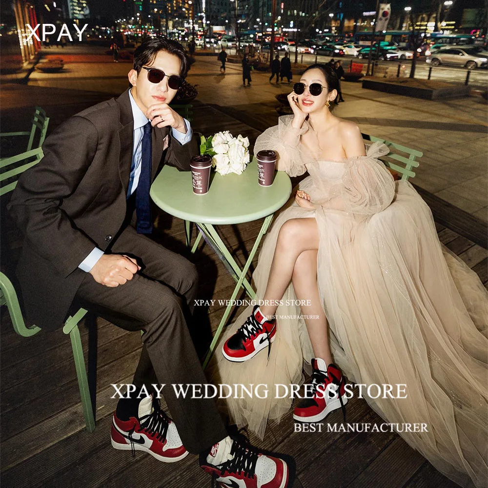 XPAY Strapless Champagne A Line Korea Wedding Dresses Long Puff Sleeve Bridal Gown Photo Shoot Backless High Split Bride Dress 1