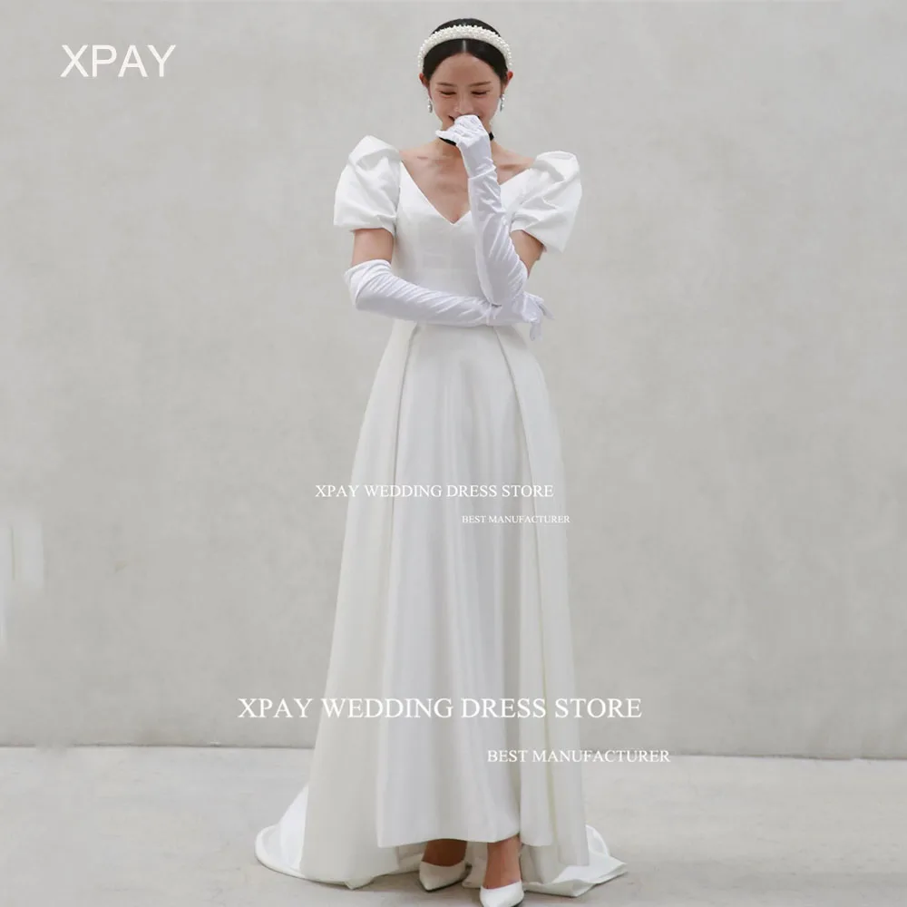 XPAY Vintage V Neck Korea Wedding Dresses A Line Satin Short Puff Sleeve 웨딩드레스 Prom Party Photos Shoot Backless Bridal Dress 1