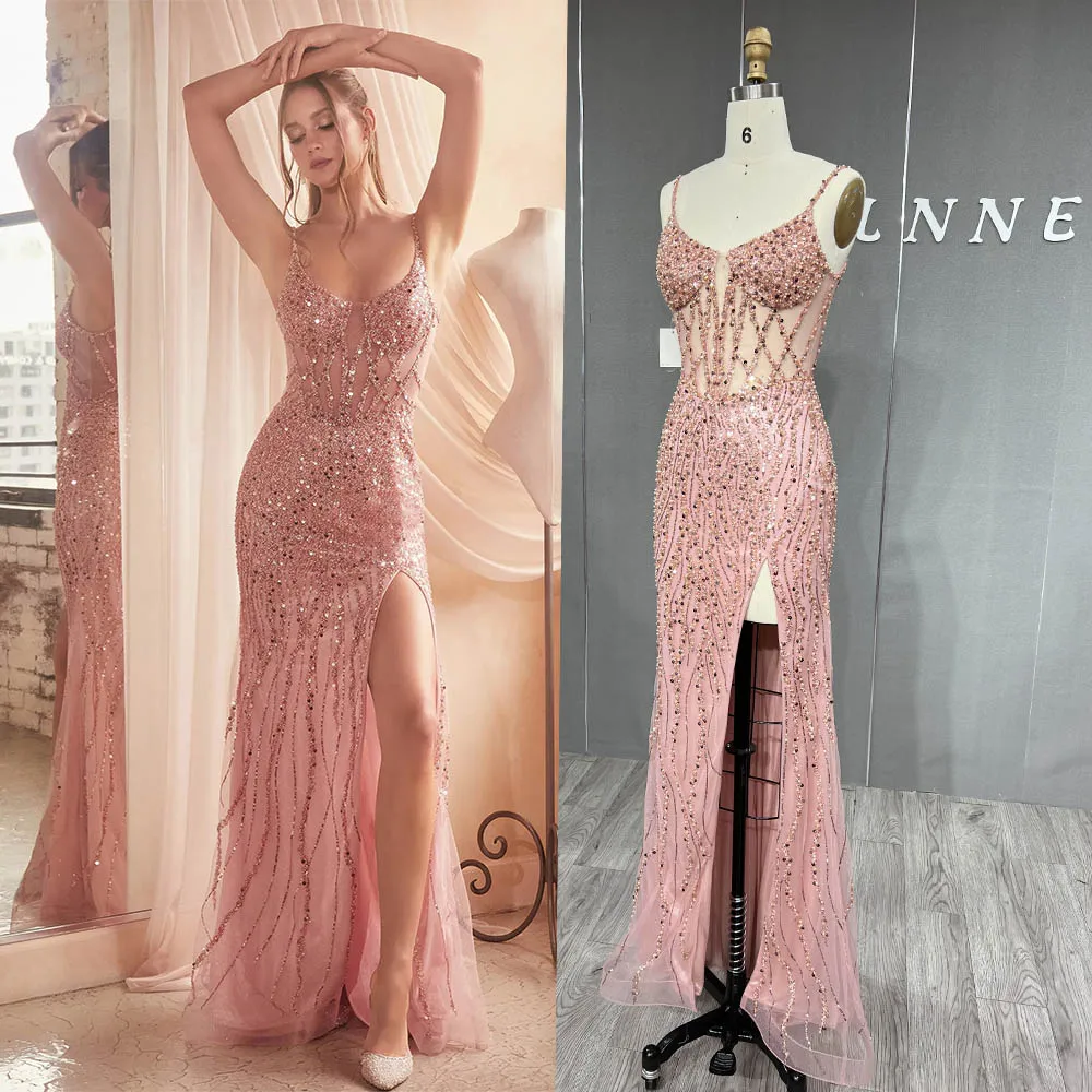 YQLNNE Rose Gold Embroidered High Slit Prom Dresses Long Spaghetti Strapless Mermaid Dress Formal Gowns 1