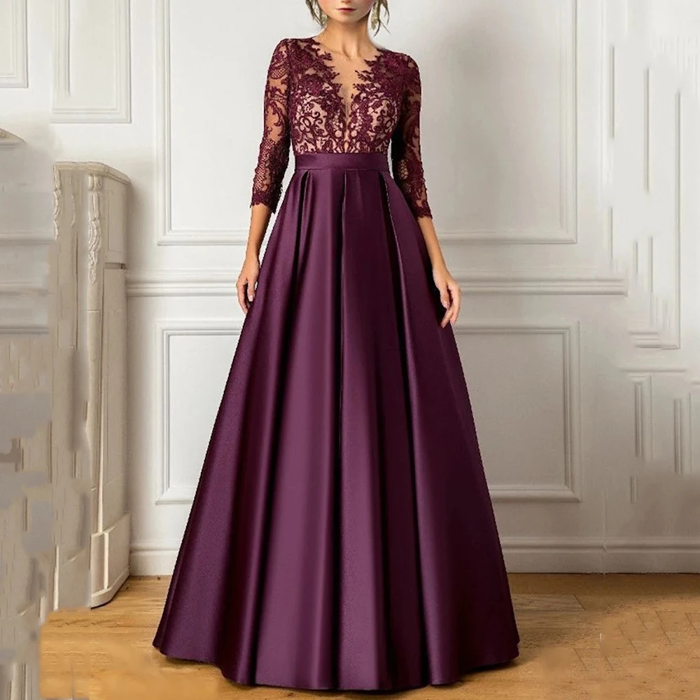 Yipeisha Simple Sexy Satin Evening Dresses Draped Lace Appliques With Lining Three-Quality Sleeves A-line Formal Pageant Dresses 1