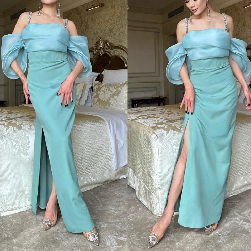 Fairy Elegant Spliced Diamond Sling Evening Dresses Sexy Off The Shoulder Prom Dress Gowns Satin Pleat Robes Pretty Vestidos 1