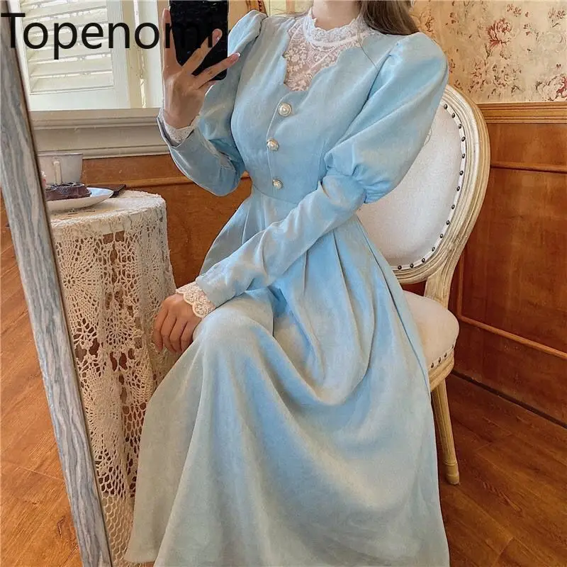 Topenomi French Retro Party Dress Women Lace Patchwork V Neck Waist Long Sleeve A-line Evening Gown Autumn Fashion Prom Vestidos 1