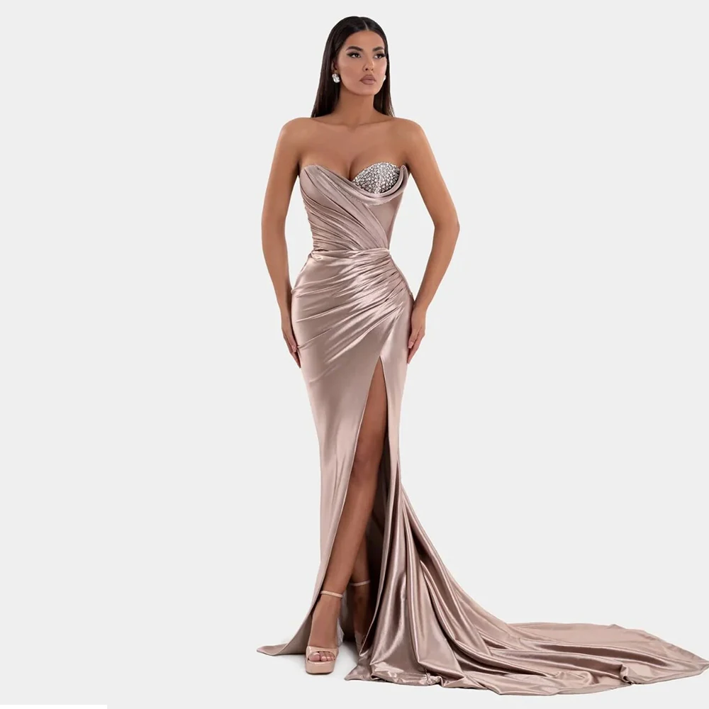 Evening Dress Luxury Satin Pleat Rhinestone Front Fork Birthday Column Sweetheart Long Dresses Elegant Luxury Evening Dress 2024 1