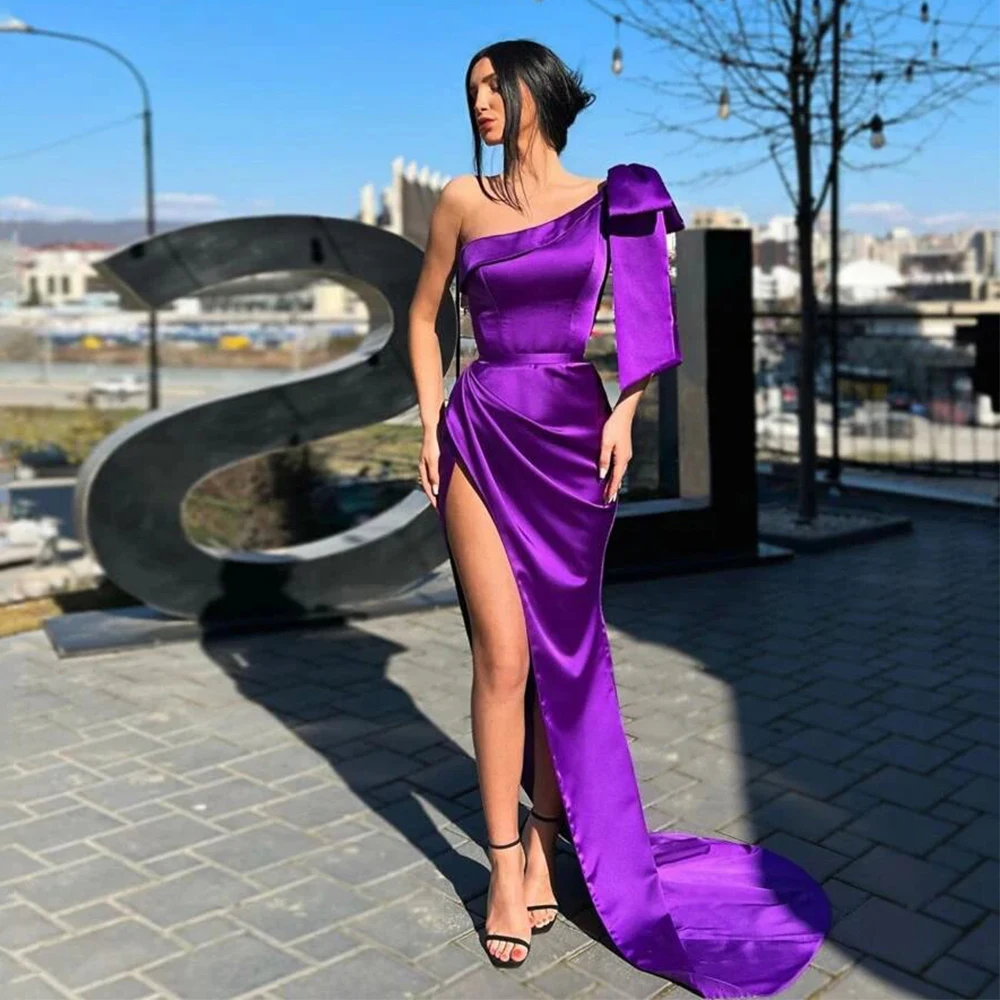 Evening Dress Modern Purple Satin Bow Side Fork Pleat Valentine's Day Straight One-shoulder Formal Dress Women Elegant 1