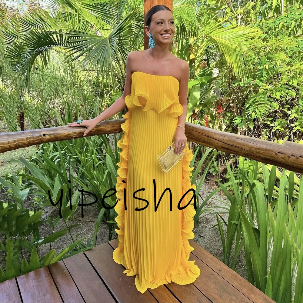 Yipeisha Trendy Strapless Yellow Chiffon Evening Dress With Pleated Ruched Long Draped Floor Length Formal Dresses 1